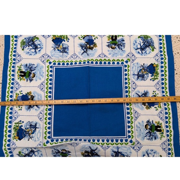 Vintage Dutch Windmill Tulip Cotton Square Tablecloth Blue White Folk Art 27x27 - Picture 6 of 6